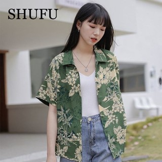 SHUFU 2365 พร้อมส่ง เสื้อเชิ้ตแขนสั้น ผ้าชีฟอง ลายดอกไม้ สไตล์เกาหลี ฮาวาย พลัสไซซ์ สําหรับผู้หญิง