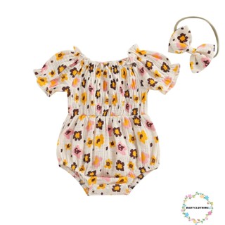 Babyclothes- ชุดบอดี้สูท แขนสั้น พิมพ์ลายดอกไม้ ประดับโบว์ ที่คาดผม ฤดูร้อน เสื้อผ้าเด็กแรกเกิด เด็กผู้หญิง