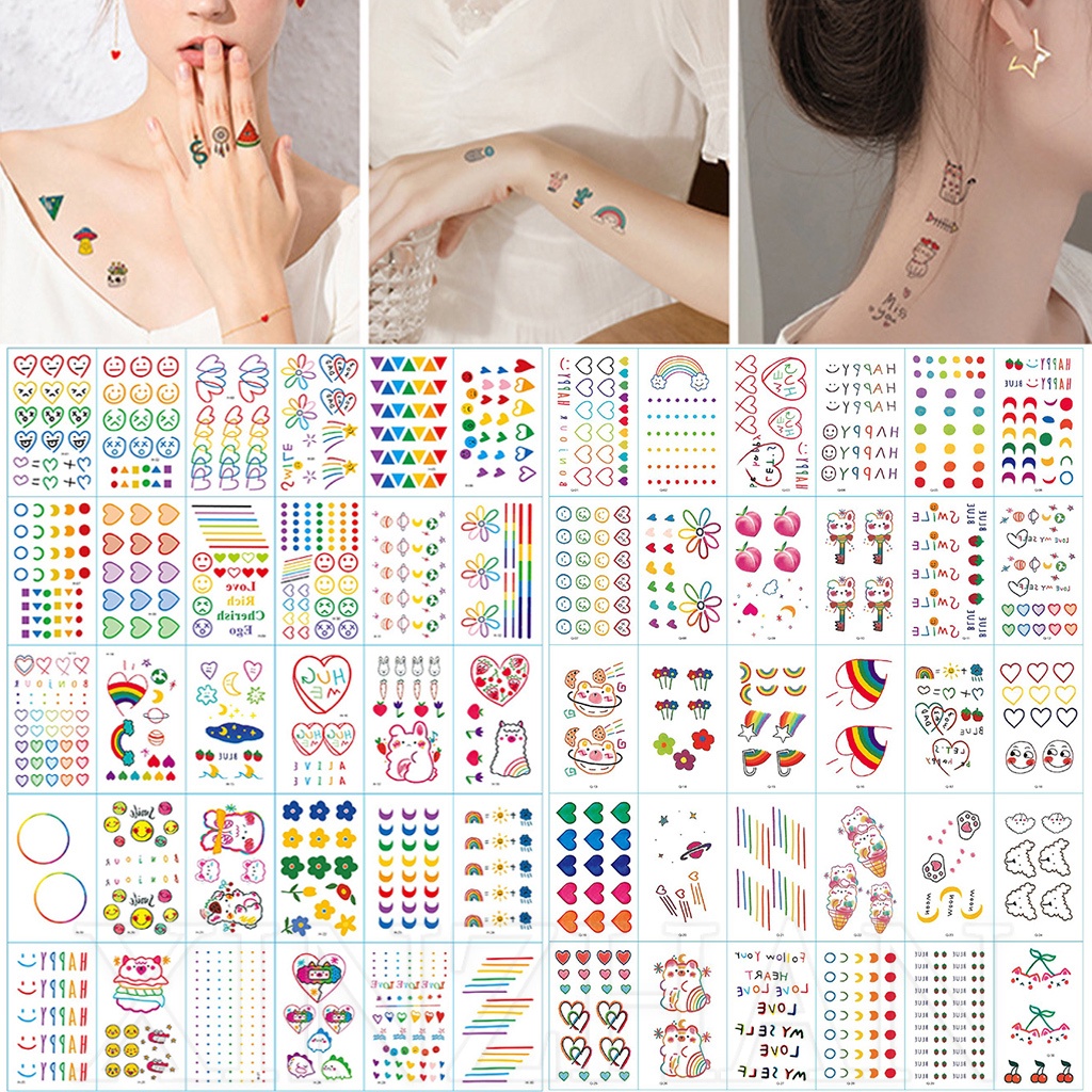 สติกเกอร์รอยสักชั่วคราว ลายการ์ตูนน่ารัก สีรุ้ง กันน้ํา สําหรับผู้หญิง
