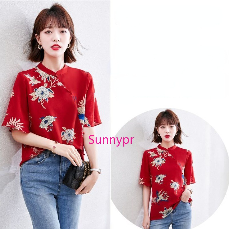 เสื้อเชิ้ต ผ้าชีฟอง คอเกลียว สีแดง สไตล์จีน แฟชั่นฤดูร้อน และฤดูใบไม้ร่วง สําหรับผู้หญิง
