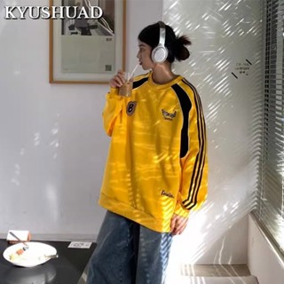 Kyushuad เสื้อกันหนาว คอกลม ปักลาย สไตล์อเมริกัน สตรีท สีตัดกัน สําหรับผู้ชาย