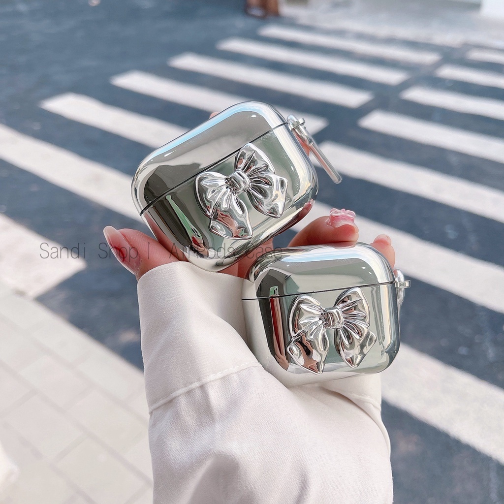 Simple Bow Silver AirPods สําหรับ AirPods 4 1/2/3/Pro Pro2 กรณี AirPods 3 AirPods 4 Electroplated Soft Apple ชุดหูฟังบลูทูธไร้สาย Anti drop AirPods 2 Gen กรณีตะขอ