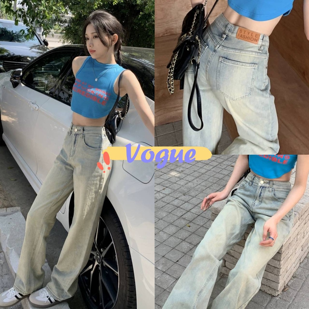 Vogue พร้อมส่ง กางเกงยีนส์ขายาวเอวสูง สียีนส์อ่อนเฟดสวย (758) -NZ-H