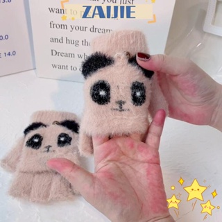 Zaijie24 ถุงมือถักนิตติ้ง แบบครึ่งนิ้ว ลายการ์ตูนแพนด้าน่ารัก สําหรับเด็กผู้หญิง นักเรียน