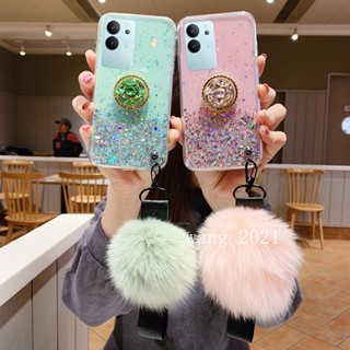 พร้อมส่ง ใหม่ เคสโทรศัพท์มือถือนิ่ม ปิดด้านหลัง ลายกลิตเตอร์ พร้อมขาตั้ง ประดับพลอยเทียม และลูกบอลขน สําหรับ VIVO V29 5G VIVO V29e V29 Pro Y27 Y78 Y36 5G 4G 2023 V29 5G