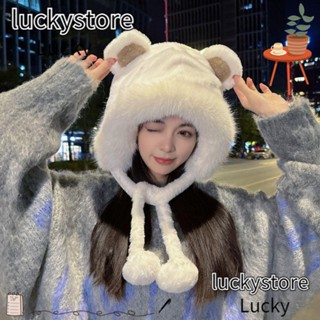 Lucky หมวกบักเก็ต ผ้าขนสัตว์ ป้องกันหู แต่งหูหมีน่ารัก แฟชั่นฤดูหนาว สําหรับผู้หญิง