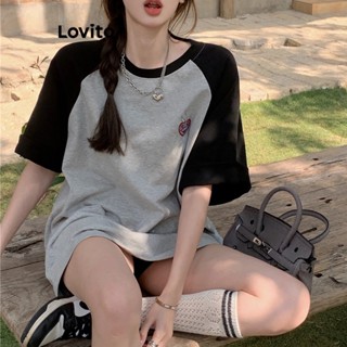 Lovito เสื้อยืดลําลอง เย็บปะติดปะต่อกัน สีตัดกัน สําหรับผู้หญิง LNA17117 (สีเทา)