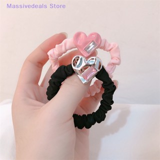 Massivedeals ยางรัดผมหางม้า ผ้าไหมนิ่ม ยืดหยุ่น ลายหัวใจน่ารัก ขนาดใหญ่ สีดํา สีชมพู สําหรับเด็กผู้หญิง