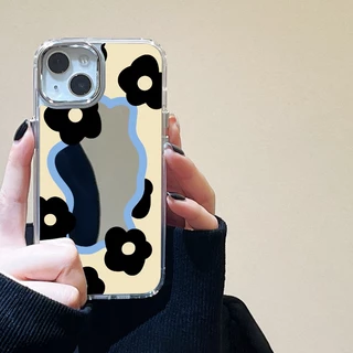 Case เคส for iPhone 11 13 15 16 14 12 17 Pro Max เคสไอโฟน11 16Pro ขอบดอกไม้สีขาวดำนม กรณีโทรศัพท์มือถือชุบกระจก