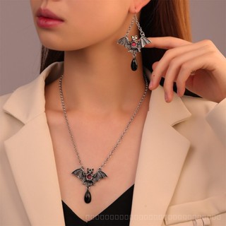 0908WSJ Halloween Bat Jewelry Set Gothic Retro Exaggerated Black Bat Necklace and Earrings Suite Holiday Gift TWLN