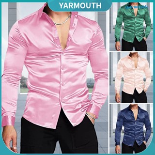 Yyr-- เสื้อเชิ้ตลําลอง แขนยาว ผ้าไหมซาติน เข้ารูป เงางาม สีพื้น ติดกระดุม สําหรับผู้ชาย