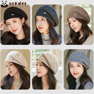 Wonder หมวกเบเร่ต์ หมวกบีนนี่ ผ้าขนสัตว์ถัก สีพื้น แฟชั่นฤดูหนาว อบอุ่น สีเบจ สีดํา สําหรับผู้หญิง