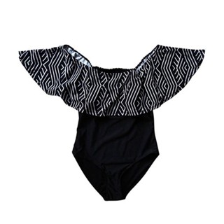 Gift Quick Dry Summer Beach Ruffled Tummy Control Black One-piece Geometric Striped Women Swimsuit