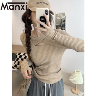 Manxi เสื้อแฟชั่นผู้หญิง เสื้อแขนยาว คลุม ไหมพรม ครอปเสื้อแขนยาว 36Z230908