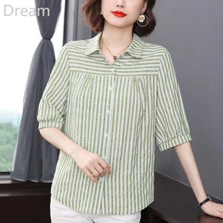 Cotton striped five-quarter sleeve shirt Womens loose mother short sleeve shirt summer new womens shirt