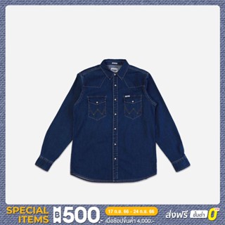 WRANGLER เสื้อเชิ้ตแขนยาวผู้ชาย รุ่น WR S323MSHLS41 DENIM แรงเลอร์ เสื้อเชิ้ตแขนยาว เสื้อเชิ้ตแขนยาวผู้ชาย