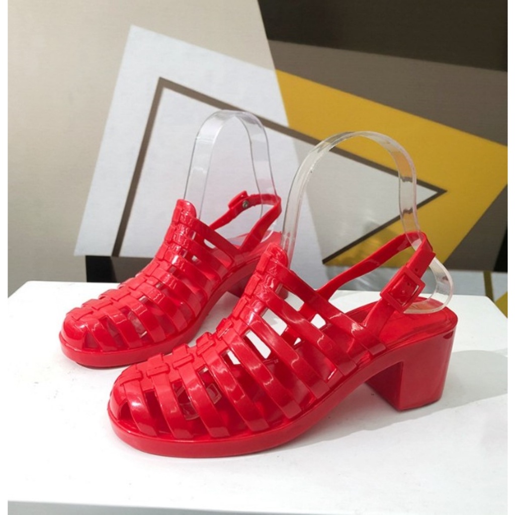 รองเท้าลิซ่า 2 รุ่นส้นสูง รัดข้อปรับระดับได้ ยางเจลลี่สีใสประกายเพช เบอร์ 36-40 สีทึบ 9 สี (159)