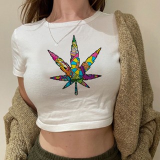 เสื้อครอปท็อป ลาย Weed 90s cyber y2k 90s สไตล์สตรีท สําหรับผู้หญิง