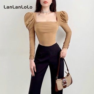 Lanlanlolo เสื้อแขนยาว คอสี่เหลี่ยม แขนพอง ลําลอง สีพื้น เซ็กซี่ แฟชั่นสําหรับผู้หญิง 2023