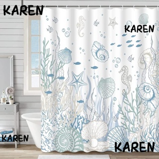 Karen ผ้าม่านโพลีเอสเตอร์ ลายปลาดาว 72x72 นิ้ว 1 ชิ้น พร้อมตะขอ 12 ชิ้น สีฟ้า สําหรับตกแต่งห้องน้ํา