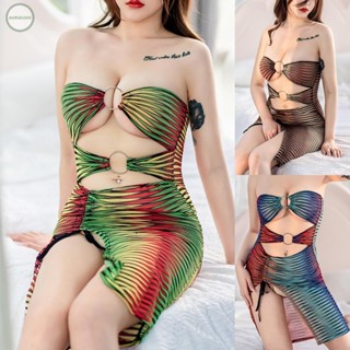 GORGEOUS~Brown/Green/Blue Striped Lingerie Cocktail Dress Womens Tube Bodycon Gown