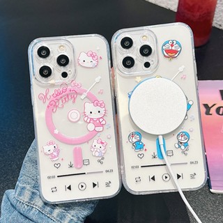 เคสโทรศัพท์มือถือ แบบแม่เหล็ก ป้องกัน ลายการ์ตูนคิตตี้ และเครื่องเล่นเพลง สําหรับ iPhone 15 11 14 Plus 12 13 Pro Max