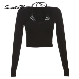 Sweeticme ใหม่ เสื้อยืดลําลอง แขนยาว ทรงสลิมฟิต สีพื้น แฟชั่นสําหรับสตรี 2023