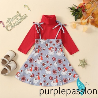 Purplepassion- เสื้อยืดคอเต่า แขนยาว พิมพ์ลายดอกไม้ ซานตาคลอส คริสต์มาส ฤดูใบไม้ร่วง สําหรับเด็กผู้หญิง