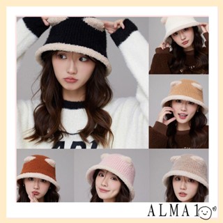 Alma หมวกบักเก็ตลําลอง ผ้ากํามะหยี่ขนนิ่ม ป้องกันหู ให้ความอบอุ่น ลายหมีน่ารัก สําหรับผู้หญิง