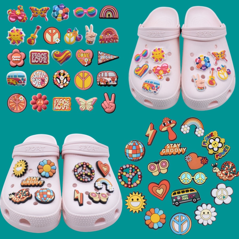 รองเท้า Crocs PVC ลายการ์ตูนสายรุ้ง ดอกไม้ สีชมพู เหมาะกับเดินชายหาด แฟชั่นฤดูร้อน สําหรับเด็ก