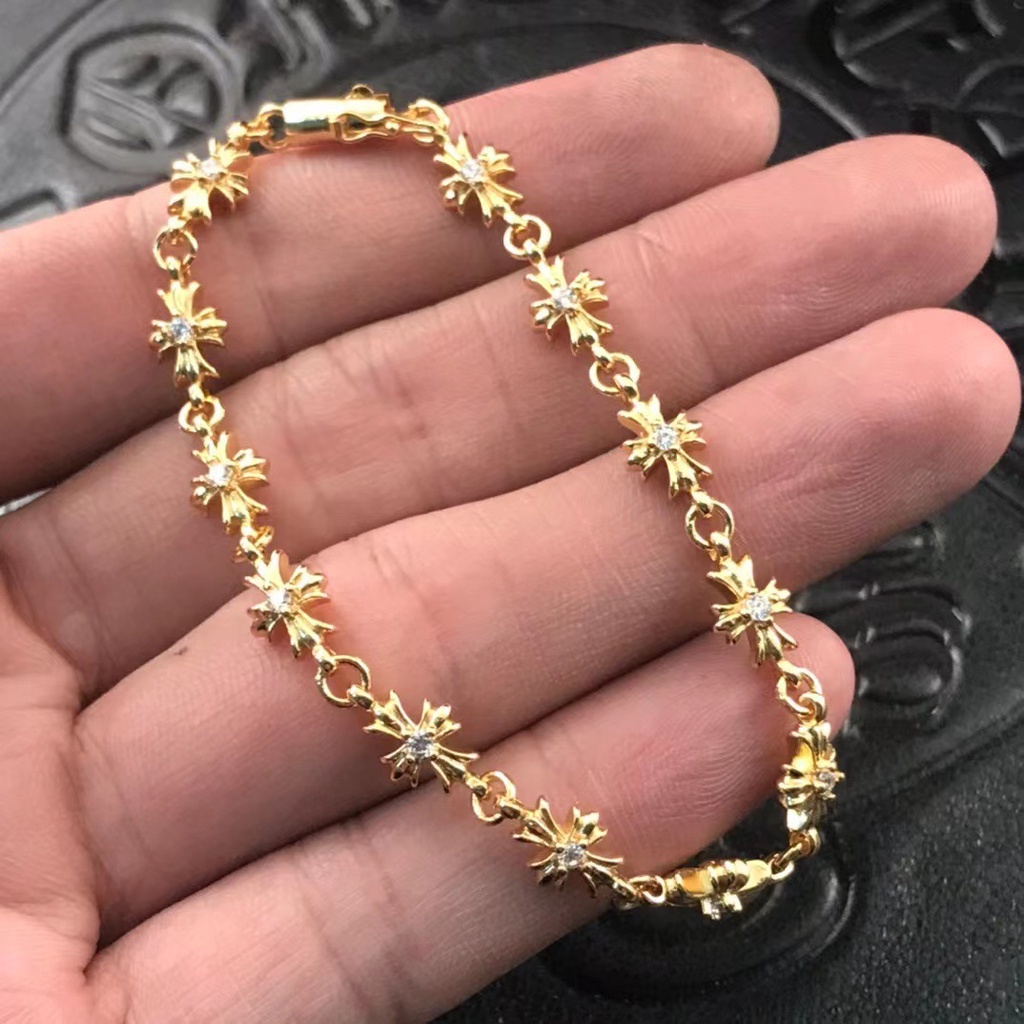 CHROME HEARTS สร้อยข้อมือ ชุบทอง 22K ประดับเพชร ลายดอกไม้ สไตล์พังก์ ยุโรป อเมริกัน เข้ากับทุกชุด สําหรับผู้ชาย และผู้หญิง