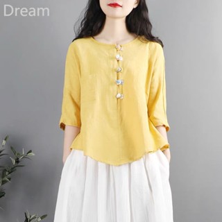 Chinese Style literary style retro buckle top womens summer clothing Chinese Zen tea suit short sleeve ethnic style cotton and linen shirt