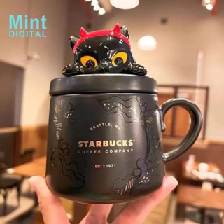 Starbucks แก้วกาแฟเซรามิค ลายแมวตาโตปีศาจน่ารัก สีดํา พร้อมฝาปิด สําหรับปาร์ตี้ฮาโลวีน