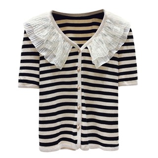 เสื้อถัก คอวี แขนสั้น ลายทาง ขายส่ง 7170