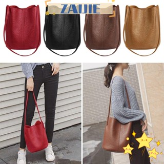 Zaijie24 กระเป๋าสะพายไหล่ หนัง PU ทรงบักเก็ต จับจีบ สําหรับผู้หญิง