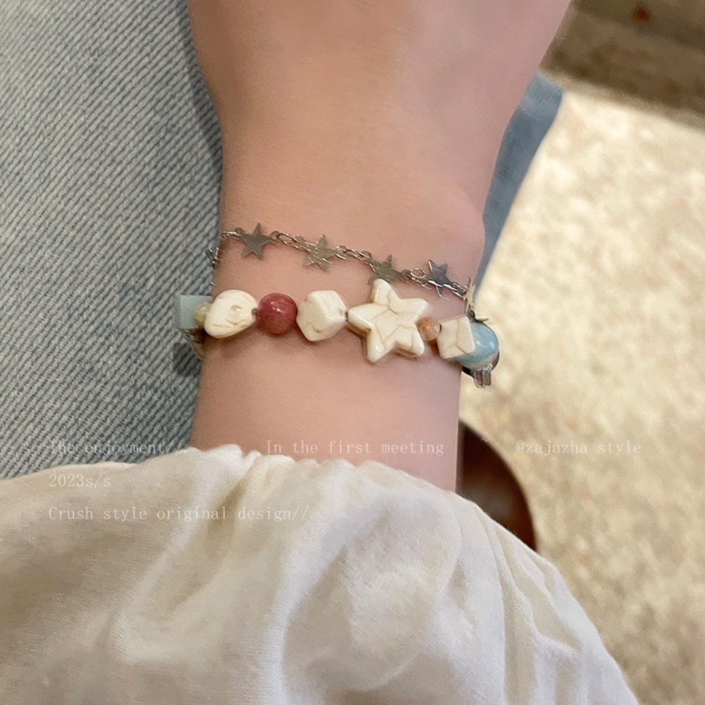 สร้อยข้อมือ ประดับลูกปัดหินเซรามิค ไข่มุก รูปหัวใจ และดาว หลากสี สไตล์เกาหลี สําหรับผู้หญิง