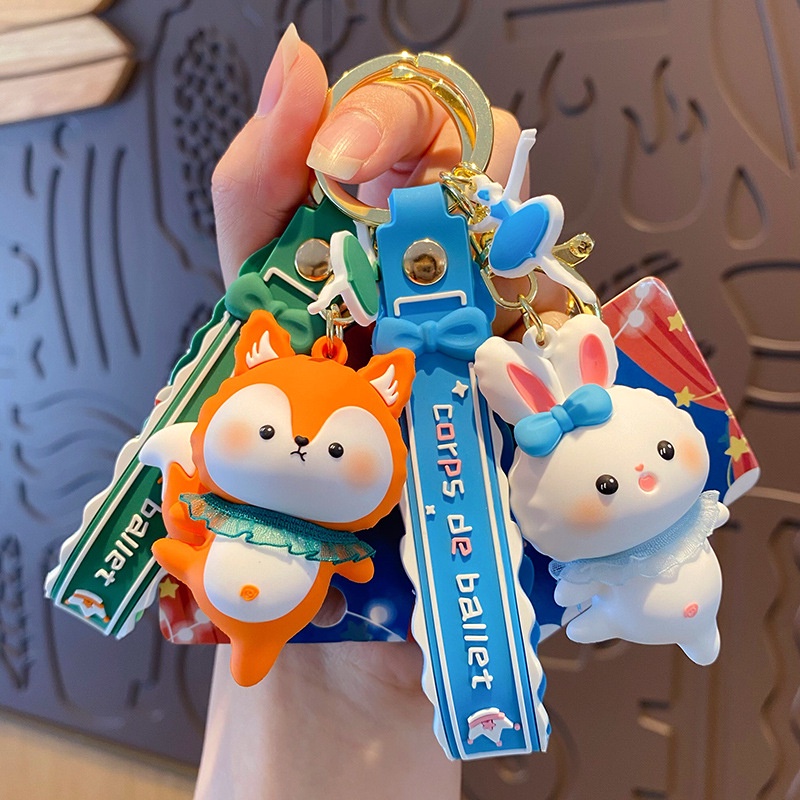 Cute Ballet Company Keychain Cartoon Dancing Fox Rabbit Piglet Doll Keyring Women Girl Backpack Car 