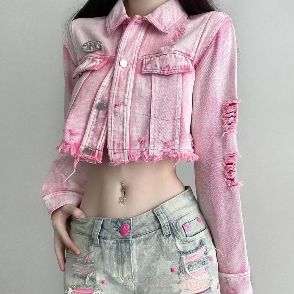 2023ฤดูใบไม้ผลิสาวร้อนสีชมพูล้างฉีกยีนส์เสื้อสั้นหลวมแจ็คเก็ตแฟชั่นอินด้านบนแห่งชาติถนนสวมใส่