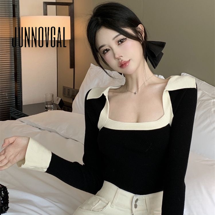 Junnovgal เสื้อยืดแขนยาว คอสี่เหลี่ยม เข้ารูป สีตัดกัน แฟชั่นสําหรับผู้หญิง 2024