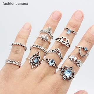 [fashionbanana] ชุดแหวนนิ้วมือ ประดับคริสตัล พลอยเทียม รูปดอกไม้ สัตว์ หัวใจ สไตล์โบฮีเมียน เรโทร สีเงิน 13 ชิ้น