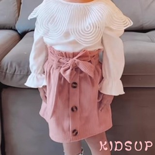 Kidsup1 ชุดเสื้อแขนยาว และกระโปรงกระดุม พร้อมเข็มขัด สีพื้น สําหรับเด็กผู้หญิงวัยหัดเดิน 2 ชิ้น