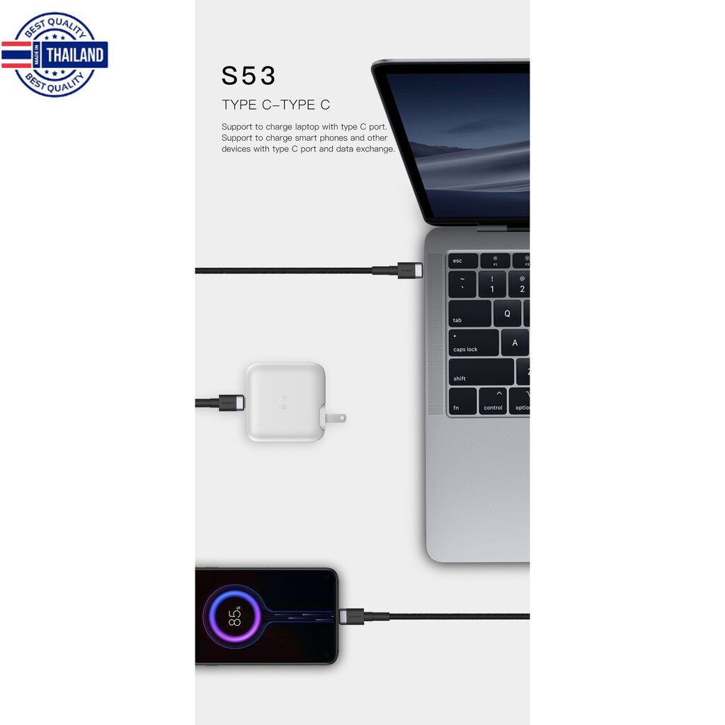 ORSEN byEloop S53 สายชาร์จแเร็ว QC4.0+PD Eloop S53 Type-C To Type-C genuine