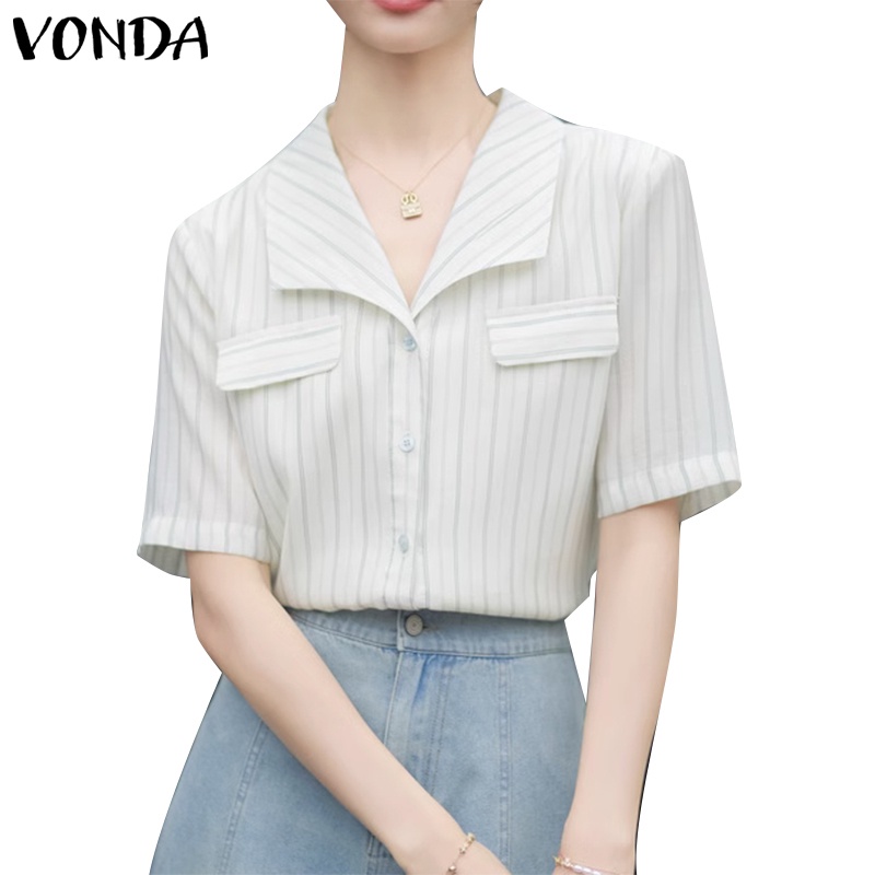 Vonda เสื้อเชิ้ต คอวี แขนสั้น มีกระเป๋าปลอม สไตล์เกาหลี สําหรับผู้หญิง