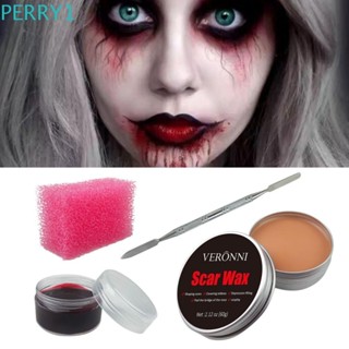 Perry ชุดแต่งหน้าฮาโลวีน พร้อมไม้พาย ฟองน้ํา 3 สี แผลปลอม แผลเป็น แว็กซ์แต่งหน้า SFX แว็กซ์แต่งหน้า ภาพวาดเด็กทารก เจลเลือดปลอม เจลเลือดปลอม และแว็กซ์ผิว ซอมบี้คอสเพลย์