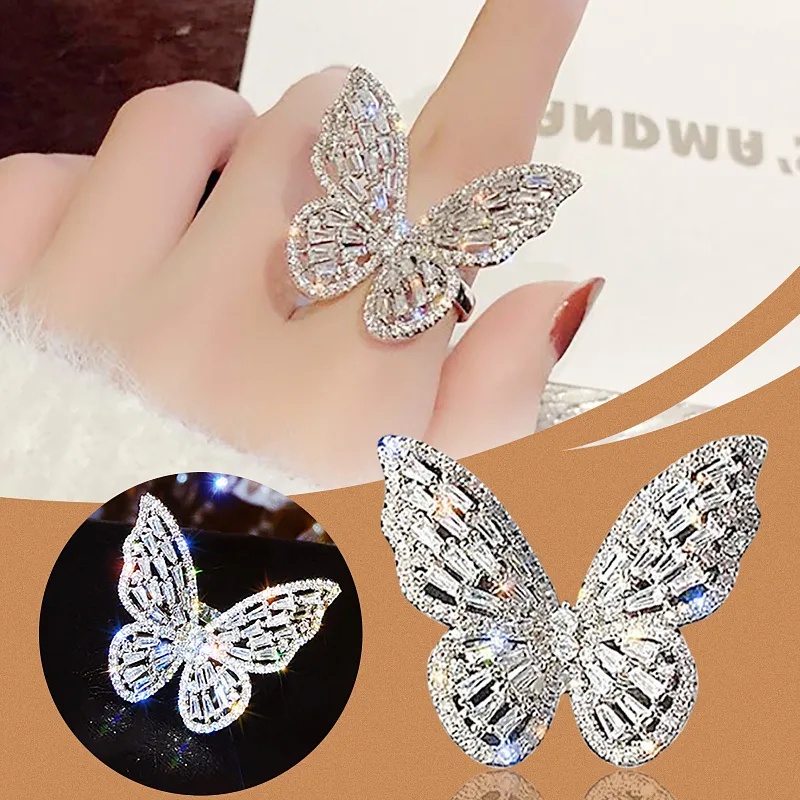 แหวนแต่งงาน รูปผีเสื้อ ประดับพลอยเทียม หรูหรา แวววาว ปรับได้ เครื่องประดับ สําหรับผู้หญิง