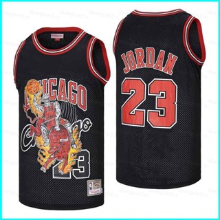 เสื้อกีฬาบาสเก็ตบอล Comic No.23 ChicagoBulls Jordan สีดํา สีแดง สําหรับผู้ชาย และผู้หญิง พลัสไซซ์