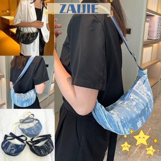 Zaijie24 กระเป๋าสะพายไหล่ กระเป๋าถือ ผ้ายีนนิ่ม สีฟ้าอ่อน ปรับได้ จุของได้เยอะ สําหรับสตรี