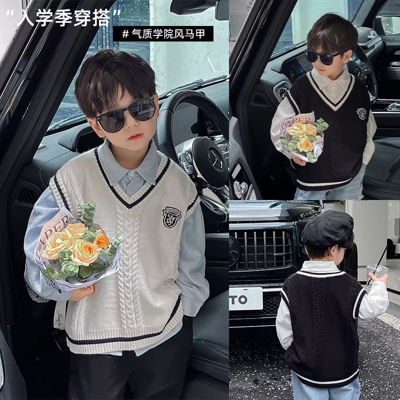 เสื้อกั๊กกันหนาว ผ้าถัก สไตล์อังกฤษ แฟชั่นฤดูใบไม้ผลิ และฤดูใบไม้ร่วง สําหรับเด็กผู้ชาย