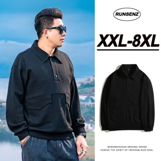 เสื้อยืดโปโล แขนยาว สีดํา พลัสไซซ์ เรียบง่าย สําหรับผู้ชาย ไซซ์ XXL-8XL