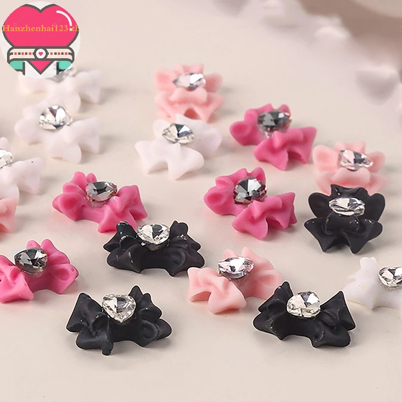 Hanhai พลอยเทียมเรซิ่น รูปโบว์ หัวใจ 3D สําหรับตกแต่งเล็บ Diy 10 ชิ้น